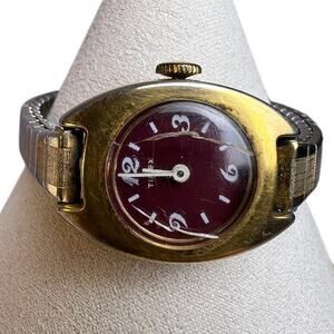 Vintage Timex Ladies Oval Wristwatch Burgundy Dial Stretch Bracelet